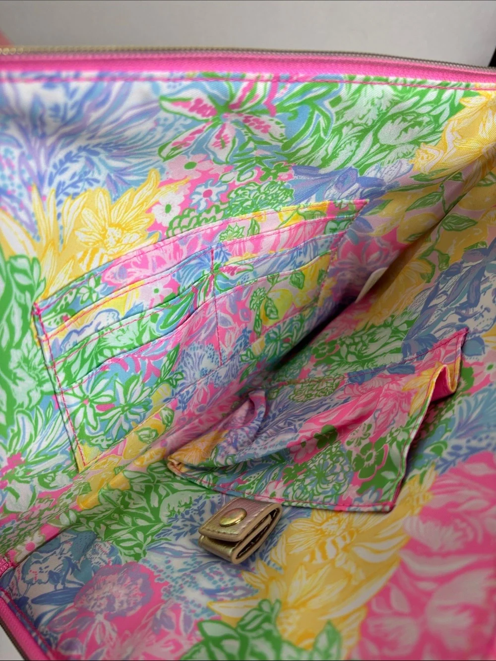 Lilly Pulitzer Gold Metallic Cosmetic Pouch with Pink Trim